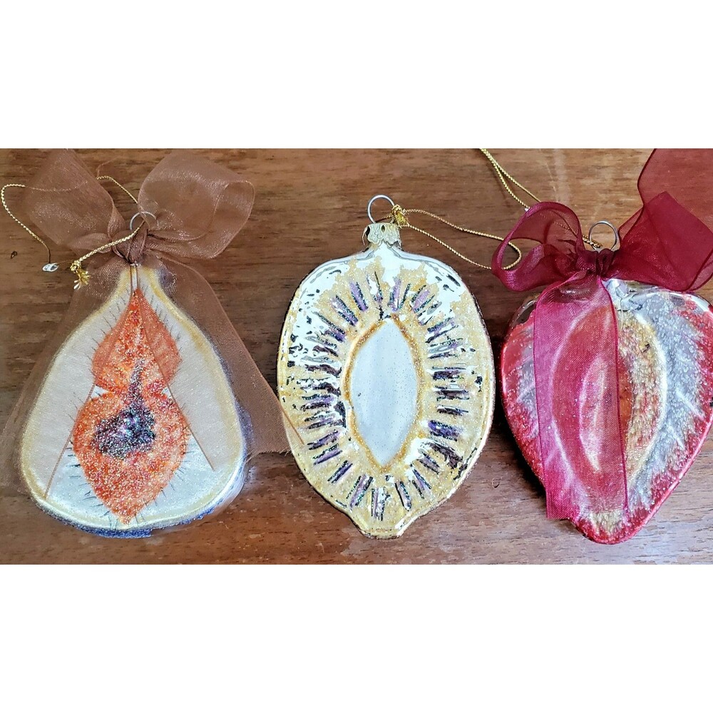 Christmas Ornament Set 3 Hand Blown Glass Fruit Slices Fig Lemon Strawberry 3.5"